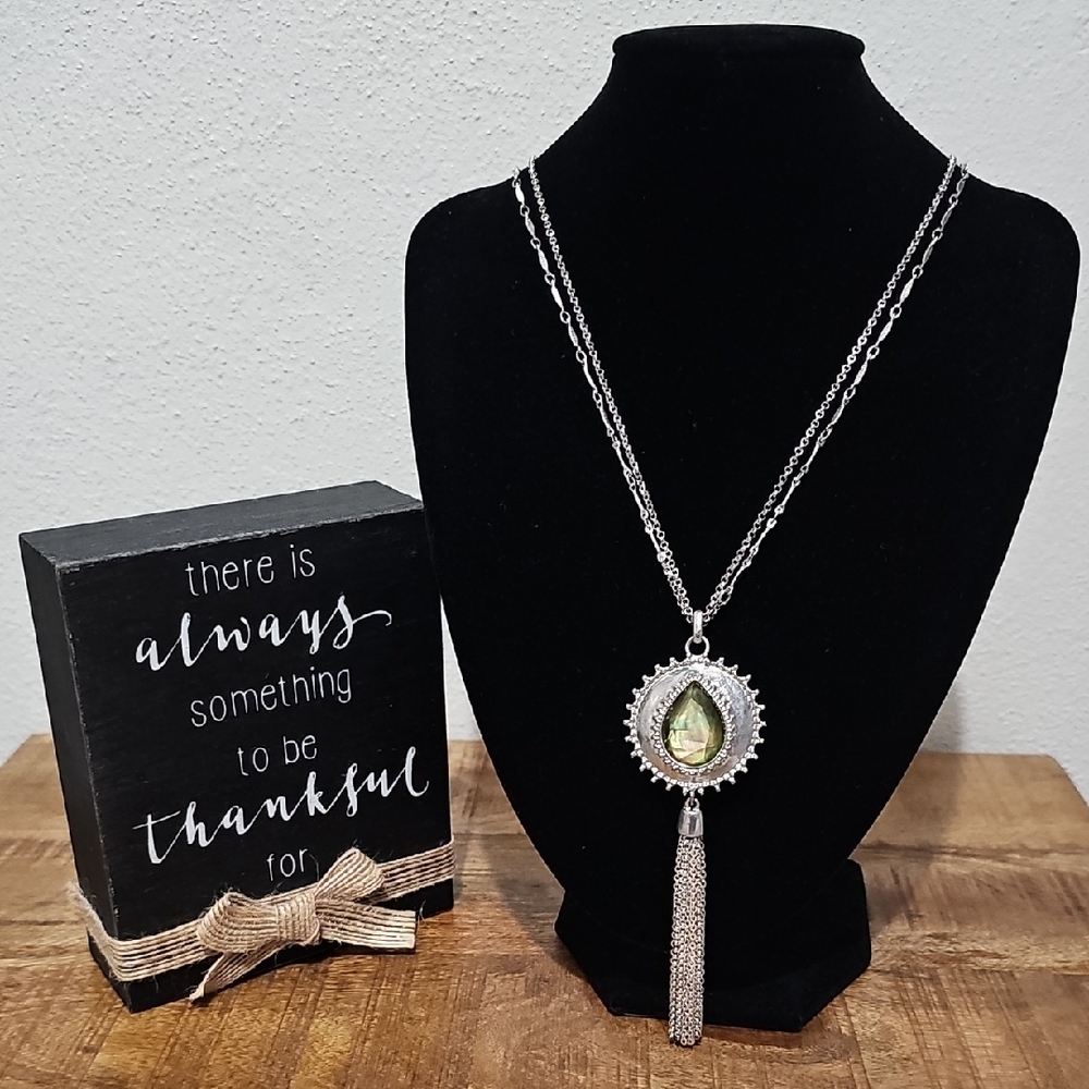 Lucky Brand Silver Necklace with Green Teardrop Pendant